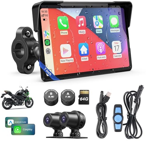 WonVon Motorcycle CarPlay Screen with Android Auto – 7” Waterproof GPS, Pantalla para Moto, Apple CarPlay, Navigation System for Motorcycle, Dual 4K Dash Cam Bluetooth Audio, BSD & TPMS