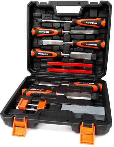 CENFORGE 10-Piece Wood Chisel Set for Woodworking - Professional Cr-V Steel Bevel Edge Chisels (1/4 to 1-1/2) with Honing Guide, Sharpening Stone & Case - Heavy Duty Carving Tools for Carpenters