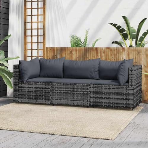 SDWEHO7 3er-Set Gartenmöbel, Outdoor Sitzgruppe mit Auflagen, Balkonmöbel Balkonset Terrassenmöbel Garten Lounge Set, Grau Poly Rattan