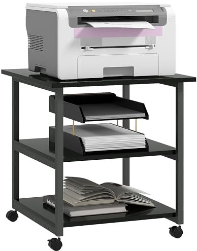 HOMCOM Carrello Porta Stampante a 3 Ripiani, Supporto Stampante con Ruote con Freno, Moderno e Salvaspazio in Acciaio e Legno, per Casa, Studio, Ufficio, 50x50x52.5cm, Nero