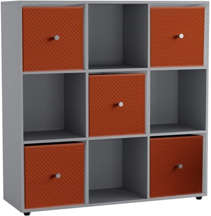 URBNLIVING 9 Cube Storage Unit with 5 Foldable Fabric Drawers, Wooden Freestanding Bookcase Shelf Organiser, Modern Cube Shelving for Bedroom, Office, Living Room, Toys, Clothes & Books