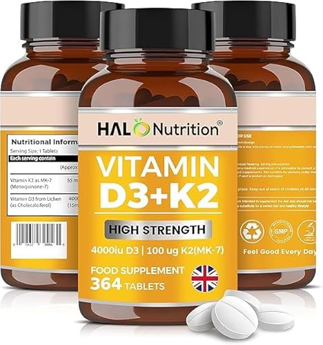 Halo Nutrition Vitamin D3 4000 iu & Vitamin K2 MK7 100μg - 1 Year Supply, 365 Easy-Swallow Vitamin D3 K2 Tablets, High Strength Vegetarian D3 and K2 Vitamin Supplement by Halo Nutrition