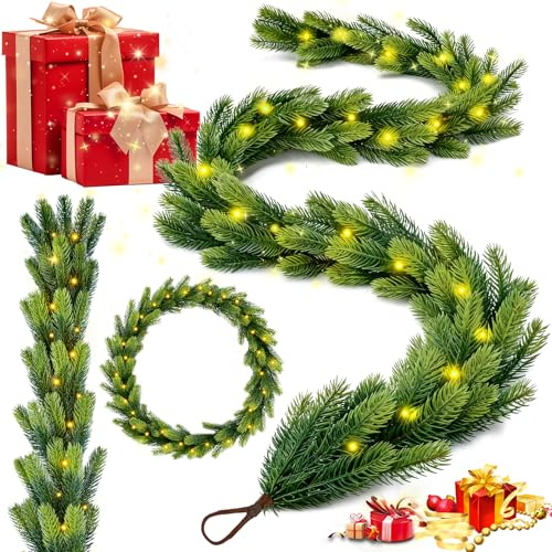 Tannengirlande Weihnachtsdeko mit Beleuchtung Lichterkette Künstliche LED Tannengirlande Spritzguss Grün Wie Echt 1.8m, Weihnachtsdeko Aussen Innen Fenster Outdoor Beleuchtet Tisch Tür Treppengeländer