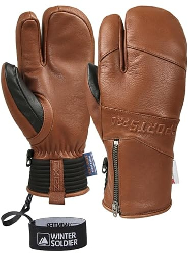 Harssidanzar Männer Frauen Winter drei Finger Ski Mitten Ziegenleder Thermal Wasserdichte Snowboarding Handschuhe KM064EU,Braun,Größe L