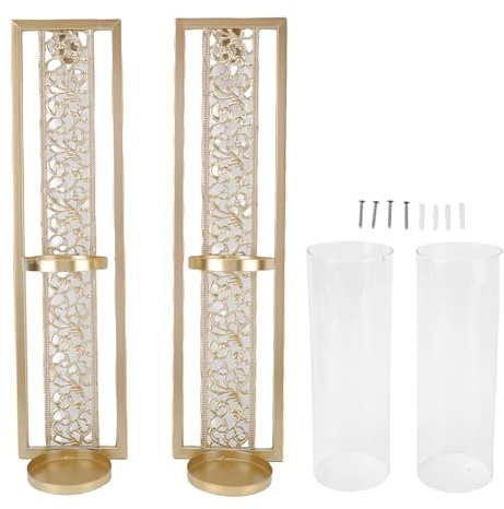 Yosoo Health Gear Wandkerzenhalter, 2 Stück, Vintage-Wandkunst aus Metall, Ausgehöhltes Design mit Glasabdeckung, für Heimdekoration, Wohnzimmer, Schlafzimmer (GOLD)