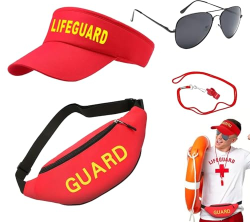 Naqqios Baywatch Rettungsschwimmer-Outfit – Strandkostüm-Set Mit Schirmmütze, Gürteltasche, Sonnenbrille, Pfeife Und Zubehör | Klassische Rote Rettungsschwimmerbekleidung Für Sommerveranstaltungen