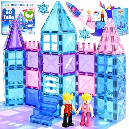 Magnetische Bausteine 60 Teile, Magnetbausteine, Magnetic Tiles für Kinder | Montessori- und Sensorikspielzeug ab 3 Jahren, Magnetspielzeug, Magnetsteine, 2 Magnetfiguren, Geschenk für Jungen & Mädchen