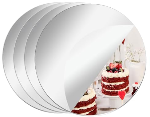 4 Round Mirror Plates for Table Decorations, Mirror Trays, Flat Round Mirrors for Tables, Round Mirror Candle Plates for Table Decorations at Weddings and Parties (25 cm)