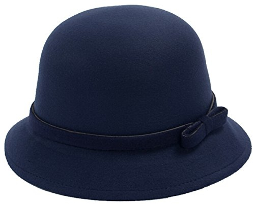 ZUMUii Butterme Frauen Dame Vintage Wool Round Fedora Bogen Cloche Derby Hüte Eimer Hüte (Navy blau-Bowen Knot)