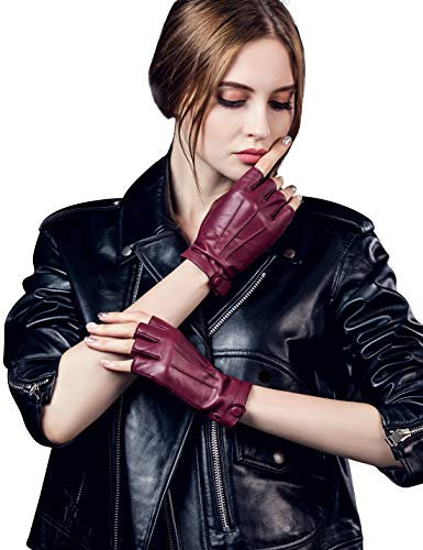 YISEVEN Damen Fingerlose Schaffell Lederhandschuhe Halbfinger Autofahrer-Handschuhe Winter Leder, Weinrot XXXL