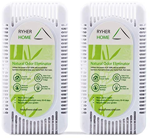 Ryher Natural Bamboo Activated Charcoal Refrigerator Deodorizer - Air freshener and Odor Remover for The Fridge – Reusable for 2 Years (L-2units, White)
