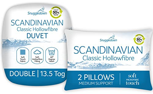 Snuggledown Soft Touch Double Duvet 13.5 Tog & 2 Pillows - Extra Warm, Thick & Cosy Winter Quilt for Chilly Nights | UK-Made, Satin Striped Cover, Non-Allergenic, Machine Washable (200 x 200cm)