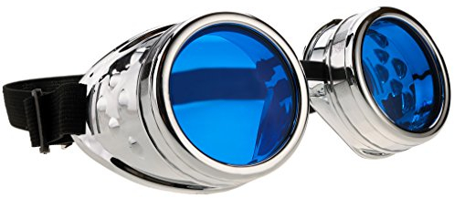 4sold Steampunk Blue Lenses Black Cyber Goggles Rave Goth Vintage Victorian Sunglasses Welding Cosplay Vintage Rustic Hippy Party Fancy Dress with set sticker, glasses and box (Adult, Silver)