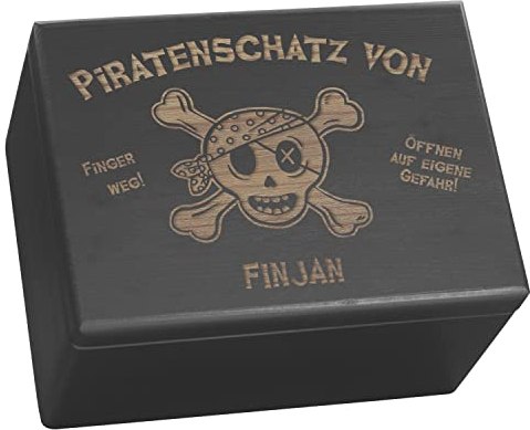 LAUBLUST Große Holzkiste personalisiert mit Piraten-Schatz Gravur - 40x30x24 cm, Schwarz, FSC® | Geschenk-Kiste zum Geburtstag - Aufbewahrungskiste | Spielzeug-Truhe | Erinnerungsbox | Deko-Kasten