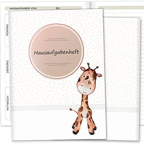 Olgs Hausaufgabenheft Hülle Safari Tour inkl. Heft Schulheft Schutzhülle Umschlag Geschenkidee Einschulung Grundschule (ohne Personalisierung, Giraffe)
