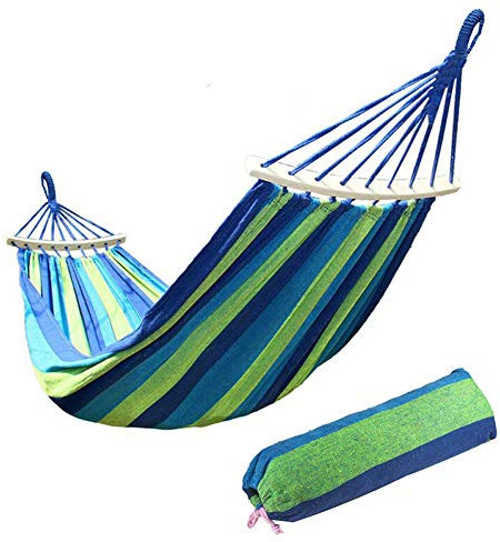 Ruixf Garden Hammock with Wooden Spread Bars and Carry Bag, Portable Canvas Striped Breathable Hammocks Perfect for Patio Yard Outdoors (M - 200cm X 100cm,Blue)