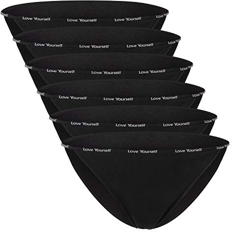 Celodoro Damen Slip (6er Pack) Unterhose mit schmalem Ziergummi und Schriftzug - Schwarz L
