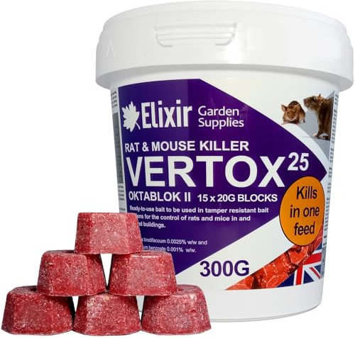 Elixir Gardens Vertox 25 300g (15g x 20) Rat, Mouse & Rodent Poison Killer | Fast Acting & Safe Ready-to-Use Wax Bait Blocks | KILLS IN ONE FEED | 1-10 Tub Quantities | 300g Tub x 2