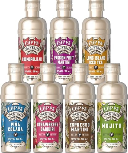 Premium Ready-to-Drink Mini Coppa Cocktails, Flavours Include: Mojito, Strawberry Daiquiri, Pina Colada, Espresso Martini, Tequila Sunrise, Cosmopolitan, Long Island Iced Tea (Pack of 7)