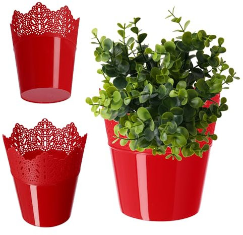 KADAX Macetero de encaje de plástico, 11 colores, maceta de encaje con protección para macetas de oficina, maceta, jardín, maceta, maceta, maceta, maceta, maceta (14,5 cm, baja, roja)