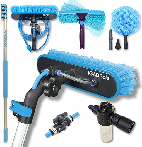 IGAD Pole 17ft Washing Kit: Water-fed Brush, Cobweb Duster and 10”(25cm) Squeegee and Soap Dispenser, with 4-Stage Telescoping Pole 5-17ft (5m) Pole
