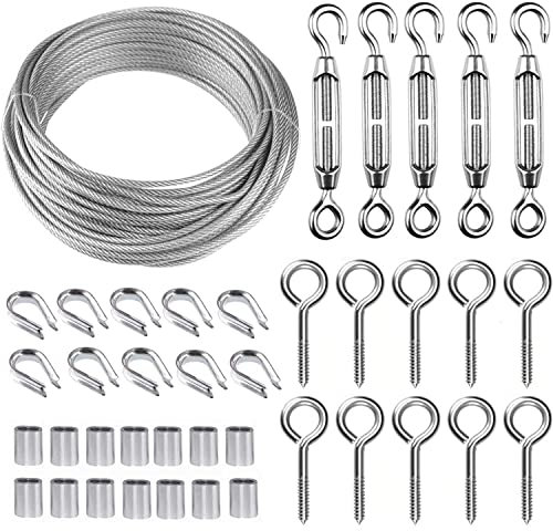 LATRAT 30m cavo acciaio, inclusi gli accessori per un totale di 40 set, Acciaio Inossidabile Corda Appesa Giardino Kit, Fune Tenditore, Kit Luci a Sospensione per Esterni, Gancio per Fune