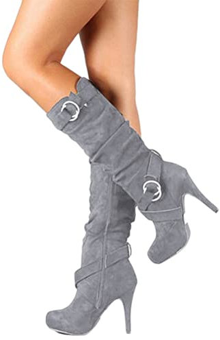 shownicer Donna Stivali Classico Moda Plateau Tacco Alto Stivali al Ginocchio Autunno Inverno Scamosciato Pelle Lunghi Stivali A Grigio 36 EU
