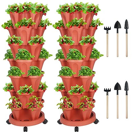 Lot de 2 pots de fleurs verticaux empilables à 7 niveaux pour fraises, herbes, fleurs et légumes avec roues amovibles et outils