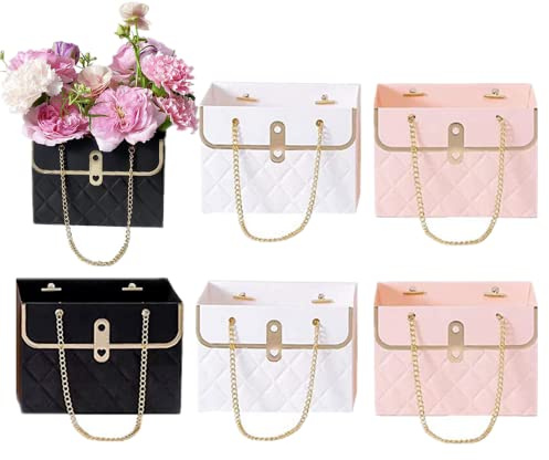 Papierblumen-Geschenkbox, Blumentüten für Blumensträuße, mit Griff, Blumenstrauß, Floristen-Blumenstrauß, Hochzeit, Valentinstag, Geschenk-Blumenbox (Rosa + Weiß + Schwarz)