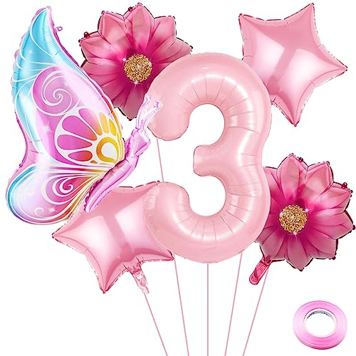 Weenkeey 3 Stück Rosa Schmetterlingsballon mit Zahl 3 für Mädchen 3 Jahre Geburtstag Party Dekoration