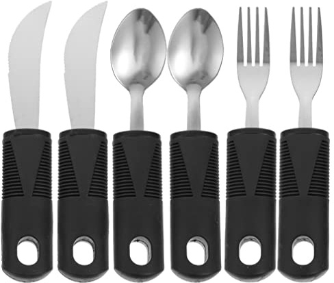 Kichvoe Set de 6 Cubiertos Adaptables para Personas Mayores Diseño Antideslizante y Mango de Acero Inoxidable y Goma, Utensilios Portátiles para Pacientes Temblor