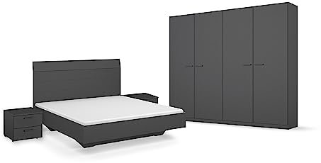 Rauch Möbel Florenz Schlafzimmer, Grau metallic, Schwarz, bestehend aus Bett mit Liegefläche 160x200 cm inklusive 2 Nachttische und Drehtürenschrank BxHxT 226x210x54 cm