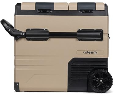 Steamy-E Dual Zone 55 Roller, Elektrische Kompressor Kühlbox mit Rollen, 54 Liter, 12V/ 230V, zum Kühlen und Gefrieren, Für Camping, Beige