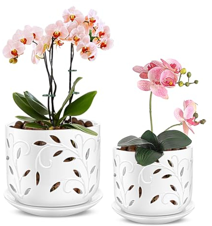 EFISPSS Maceta para orquídeas de 5 + 6 pulgadas, macetas de cerámica para orquídeas con agujeros para un crecimiento saludable de las raíces, buena circulación del aire, uso en interiores y exteriores