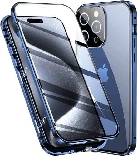 Colala Hülle für iPhone 15 Pro Magnetische Adsorption Handyhülle Hartglas mit Vorderseite und Rückseite,Metallrahmen Case mit Eingebaut Magnet,Ultra Dünn 360 Grad Schutzhülle - Blau