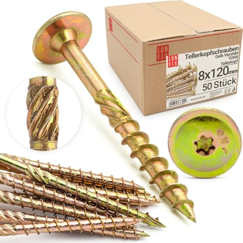 Lun Fix Tellerkopfschrauben 8x120 | 50 Stück | TX40 Torx | Tellerkopf mit Fräsrippen | Gelb Verzinkt | Holzschrauben | Terrassenschrauben | Spanplattenschrauben | Selbstschneidende Schrauben