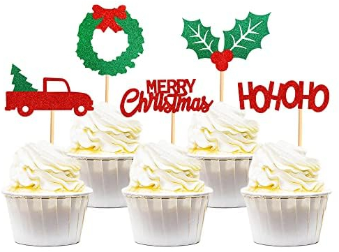 Blumomon 30 Stück Frohe Weihnachten Cupcake Topper - LKW Baum Kuchen Dekor Picks für Heiligabend Party - Kuchendeckel Thema Party Dekoration Zubehör