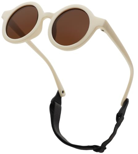 LOJUDI Baby Sonnenbrille 0-24 Monate, Polarisierte mit Riemen Verstellbar Weicher Silikonrahmen Rund Kinder UV400 Schutz Sonnenbrille Baby für 0-2 Jahre - Weiß Rahmen