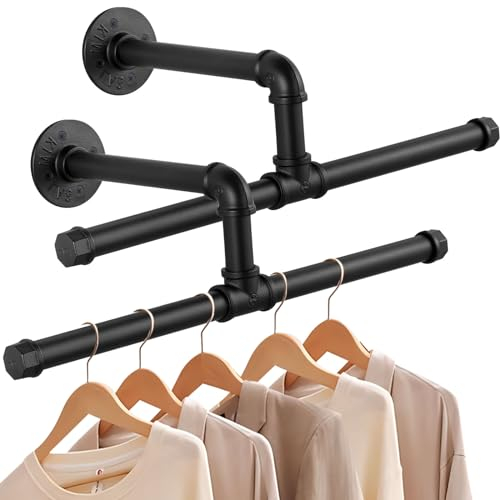 Yawinhe Tringle à Vêtement Industriel, Lot de 2, Porte Manteau Mural 51cm, Penderie Murale Amovible et Multifonction, pour Salon, Chambre, Noir