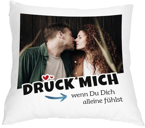 Romantisches Foto-Kissen Drück Mich | personalisiert mit einem Wunschfoto | Kuschelkissen | Schmusekissen | Dekogeschenk | 40 x 40cm | Geschenkidee für Männer und Frauen