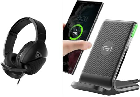 Turtle Beach Recon 200 Gen 2 Amplified Gaming Headset - PS4, PS5, Xbox Series X|S One & INIU Wireless Charger, 15W Fast Wireless Charging Stand Qi Certified Sleep-friendly Adaptive Light
