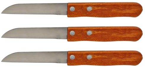 Tradineur - Pack de 3 Cuchillos patateros, Cuchillo mondador, pelar Patatas, Hoja de Acero Inoxidable y Mango de Madera, Cubiertos clásicos, Aptos para lavavajillas - 17,5 cm