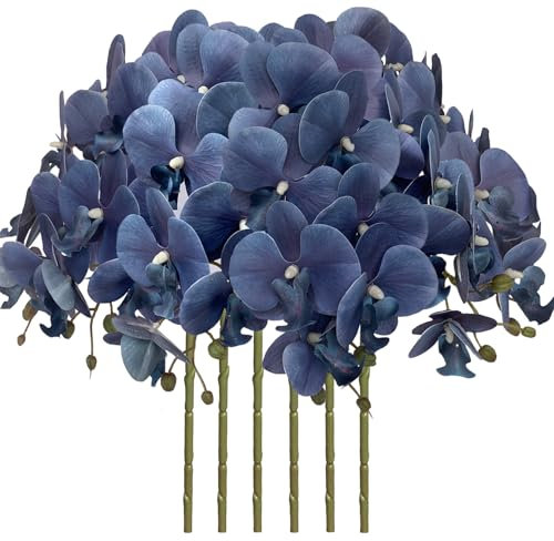 FagusHome 6 Stück Künstliche Phalaenopsis Blumen Weiß 80cm Künstliche Orchideenblumen Stammpflanzen für Wohnkultur (Dunkelblau)