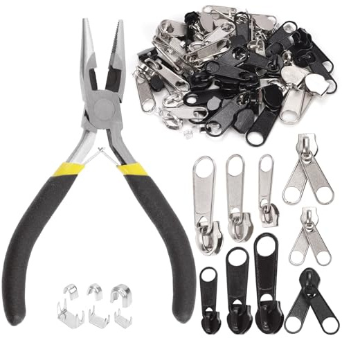 Swpeet Kit di riparazione per cerniere con pinze a becco ad ago, 85 pezzi, #3 # 5 # 8, kit assortito, tra cui cursori per cerniere, fermi superiori a forma di U, tira cerniera e tappi inferiori per
