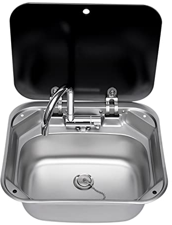 Rv Camping Fregadero Juego de Construcción con Grifo Fregadero Juego de Lavabo para Caravana Cuenco Individual Lavado a Mano Rectangular Tapa Compatible Caravana Camper KüChe Acero Inoxidable Lavabo