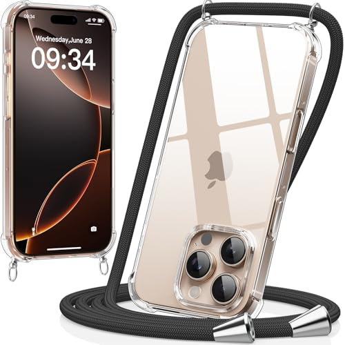 caslord Handyband kompatibel mit iPhone 16 Pro Max, Necklace Hülle mit Bands Handyhülle für zum Umhängen, Transparent Case mit Handykordel,Stoßfeste Schutzhülle zum Umhängen Kordel,Schwarz