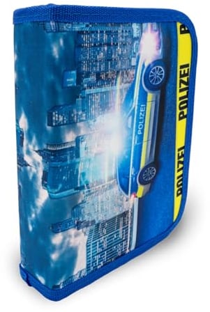 itenga Schüler-Etui 28 teilig gefüllt 1-Zipper Federmäppchen für Jungen und Mädchen (Polizei)