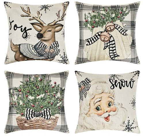 Joyoldelf 4er Set Kissenbezug Weihnachten - Rentier Schneemann Weihnachtsdeko Leinen Kissenbezüge 45x45 cm, Geeignet für Schlafzimmer Sofa Wohnzimmer Büro Kissenhüllen Deko (Beige)