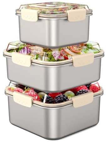 Linkidea Paquete de 3 recipientes cuadrados de acero inoxidable 304 con tapa, caja apilable para refrigerador, accesorios de frutas con asa, aptos para lavavajillas (plata), plata