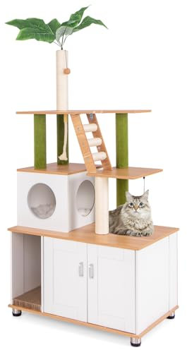 GOPLUS Arbre à Chat 2 en 1 avec Meuble Litière, Condo, Griffoirs en Sisal, Corde et Balles Suspendues, Toilettes Cachées, Feuilles Vertes pour Chats